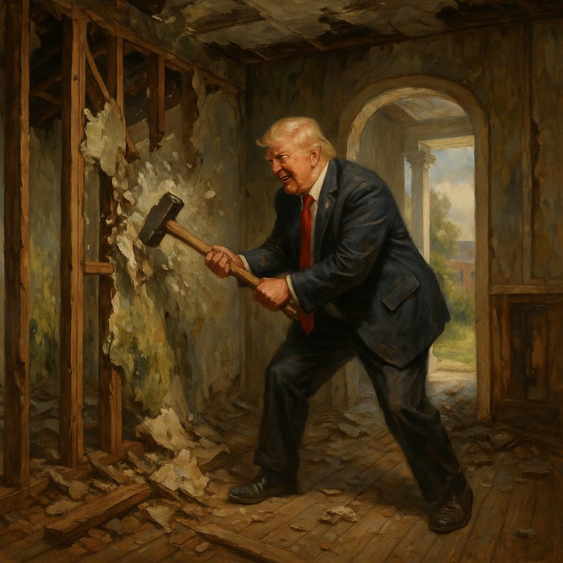 Painting of a man in a suit and red tie smashing a wall with a sledgehammer.