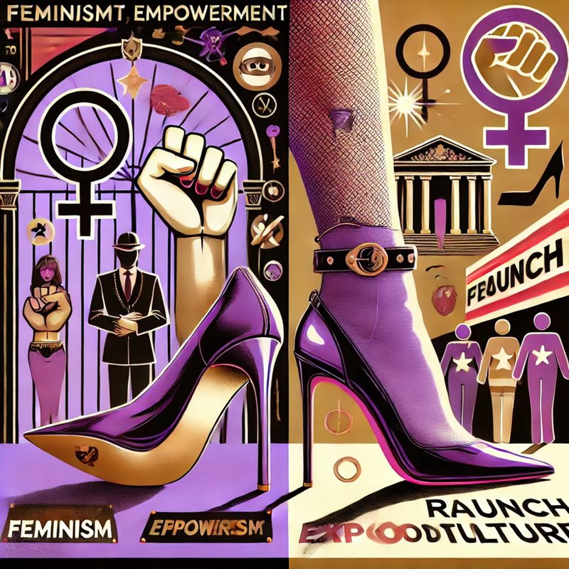 Illustration of purple high heels with feminist symbols and a raised fist, labeled "Feminism" and "Raunch Culture."