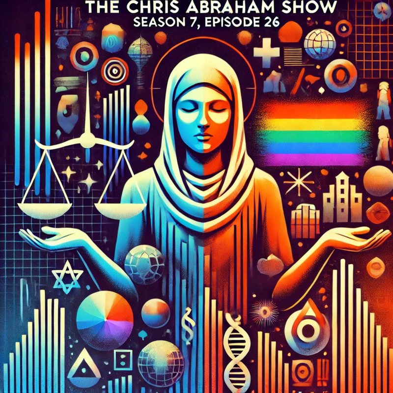 Illustration of a woman in a headscarf weighing scales, with a rainbow flag, Season 7, Episode 26.