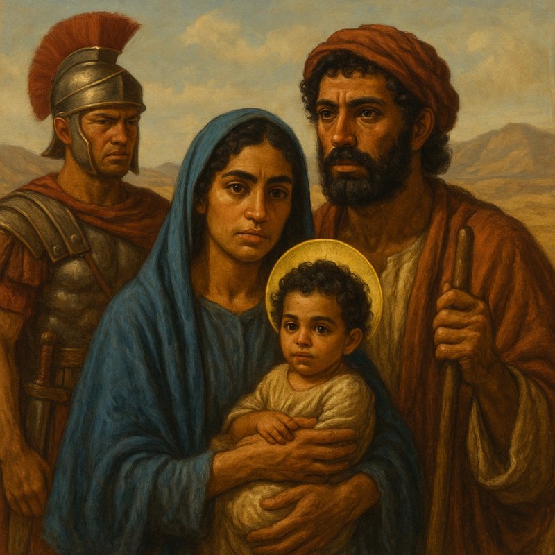 Painting of Mary, Joseph and the infant Jesus, with a Roman soldier standing behind them.