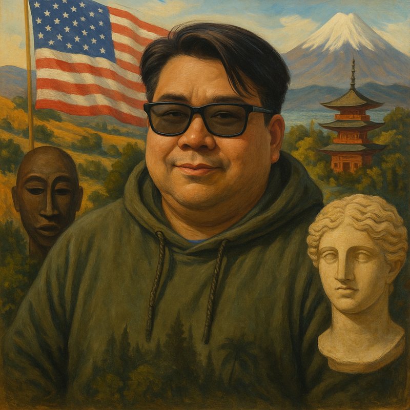 Painting of a smiling man in sunglasses and a hoodie, with an American flag, Mount Fuji, a pagoda and two sculpted heads.