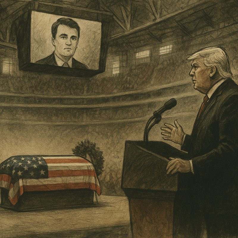Charcoal drawing of a speaker at a podium beside a flag-draped coffin, a portrait on a big screen above.