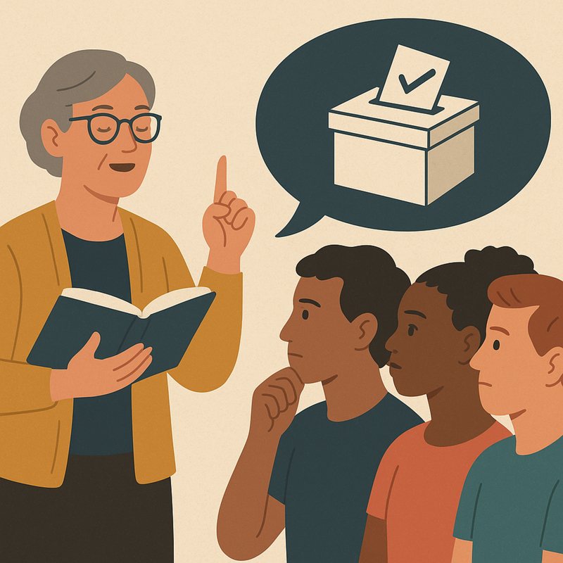 Illustration of a teacher with a book and three young students, with a speech bubble showing a ballot box.