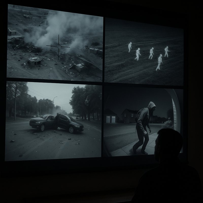 A silhouetted viewer facing a wall of screens showing drone strikes, a car crash and a hooded figure.