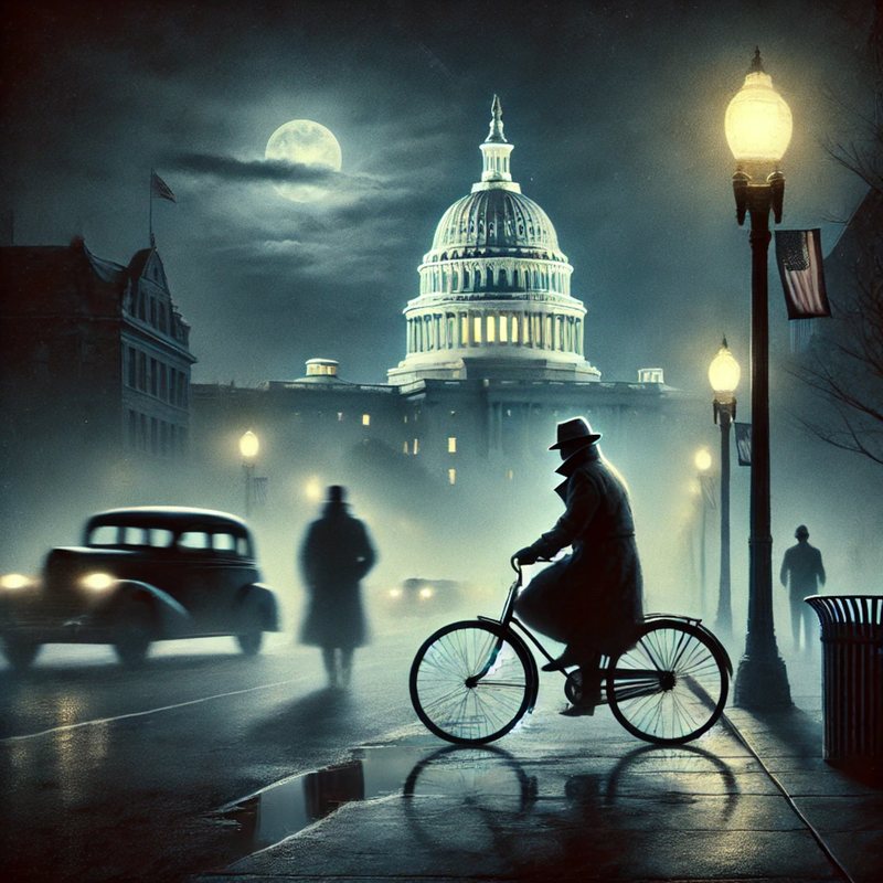 Moody night scene of the US Capitol, with a figure in a hat on a bicycle under a streetlight.