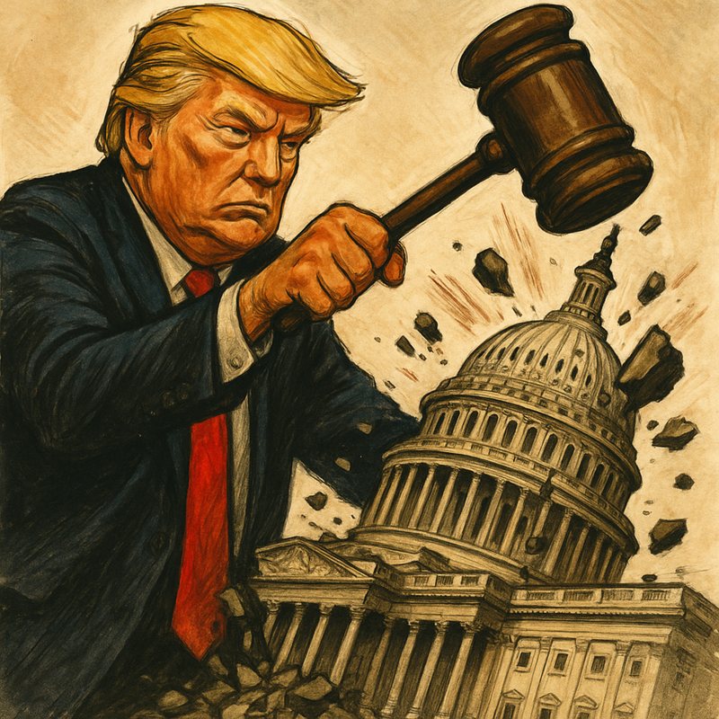 Drawing of Donald Trump swinging a giant gavel into the crumbling US Capitol.