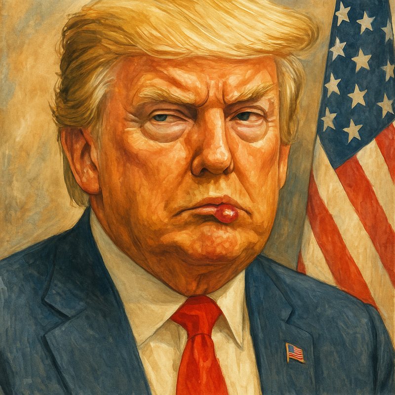 Painting of Donald Trump scowling, with a cold sore on his lip, before an American flag.