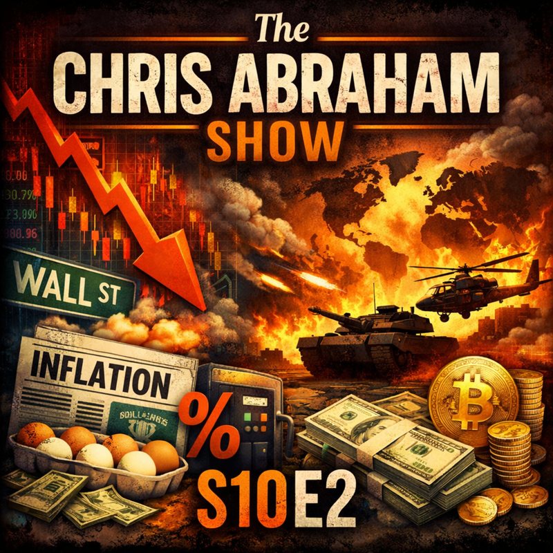 Cover of a crashing stock arrow, burning tanks, cash and bitcoin by a "Wall St" sign: "The Chris Abraham Show, S10E2."