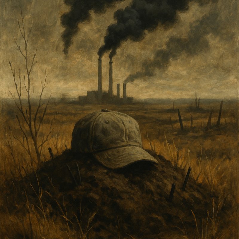 Painting of a worn cap on a mound of dirt in a dead field, with smokestacks behind.