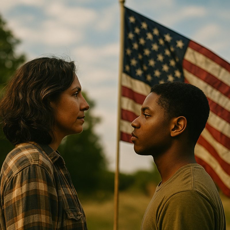 A woman and a young man facing each other in a field beside an American flag.