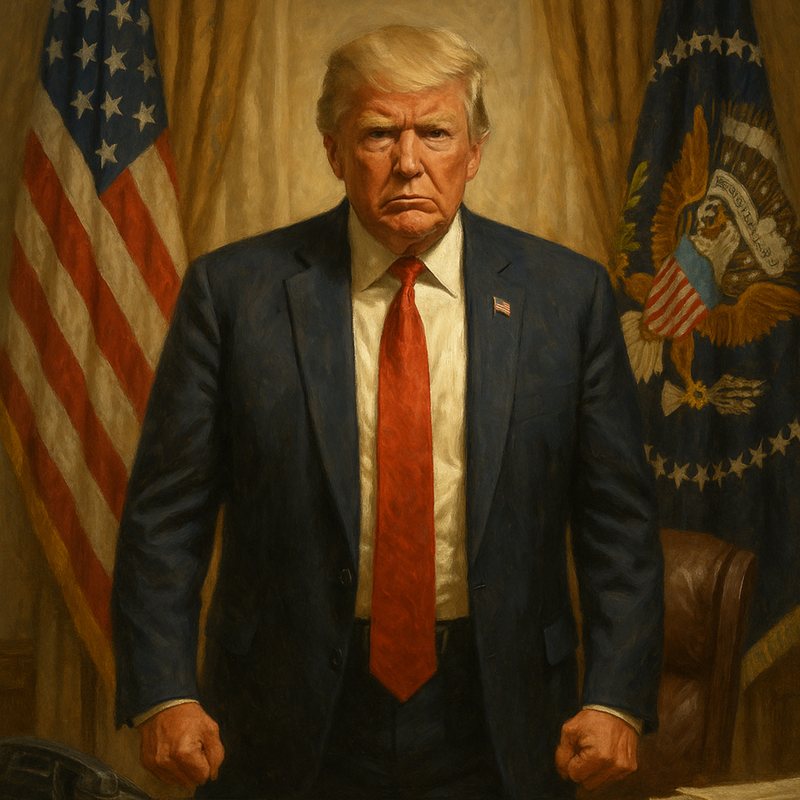 Painting of a blond man in a red tie standing with clenched fists in front of the American and presidential flags.