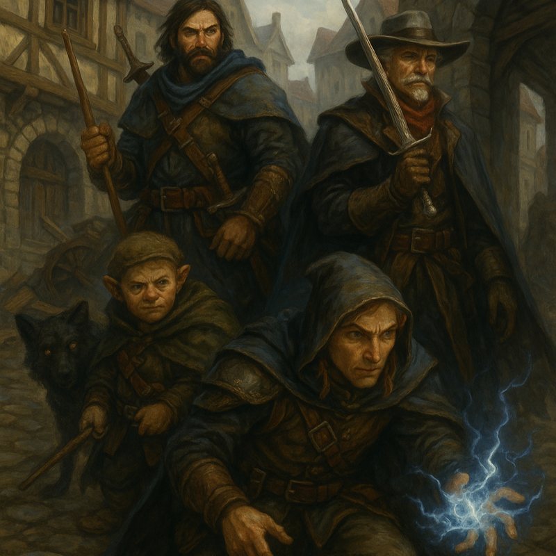 Painting of a band of adventurers, a halfling and a wolf in a cobbled town, one hand sparking blue magic.