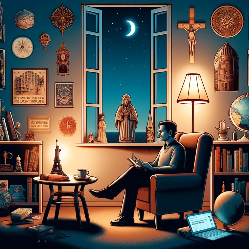 Illustration of a man reading in an armchair by a moonlit window, among icons and religious statues.