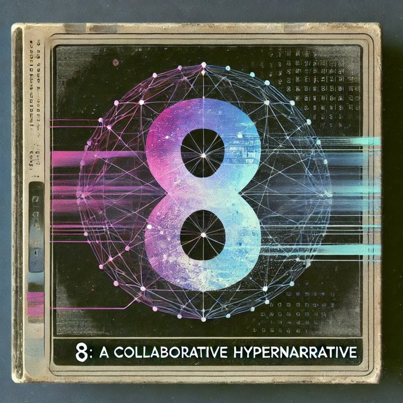 A worn disc case with a glowing number 8, labeled "8: A Collaborative Hypernarrative."