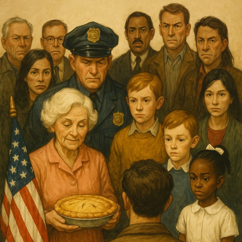 Painting of a crowd of Americans, a police officer and an old woman holding an apple pie, by a flag.