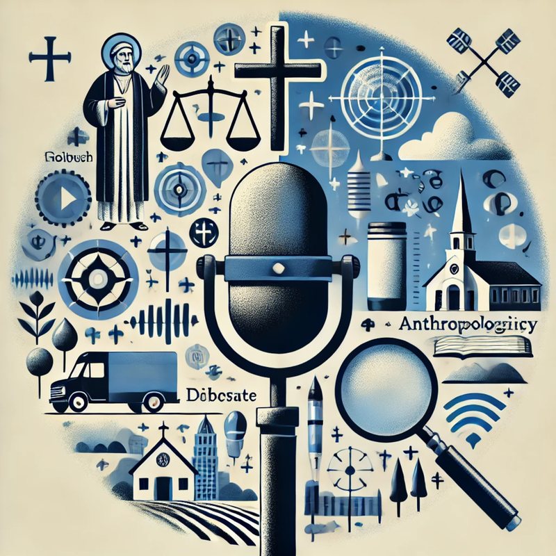 Collage around a microphone: a cross, scales of justice, a church, a magnifying glass and a delivery truck.