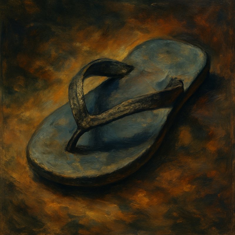 Painting of a worn rubber flip-flop on a dark mottled background.