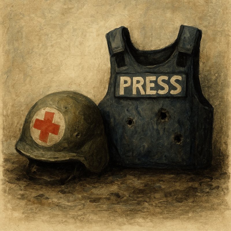 Sepia painting of a bullet-pierced "Press" vest beside a helmet marked with a red cross.