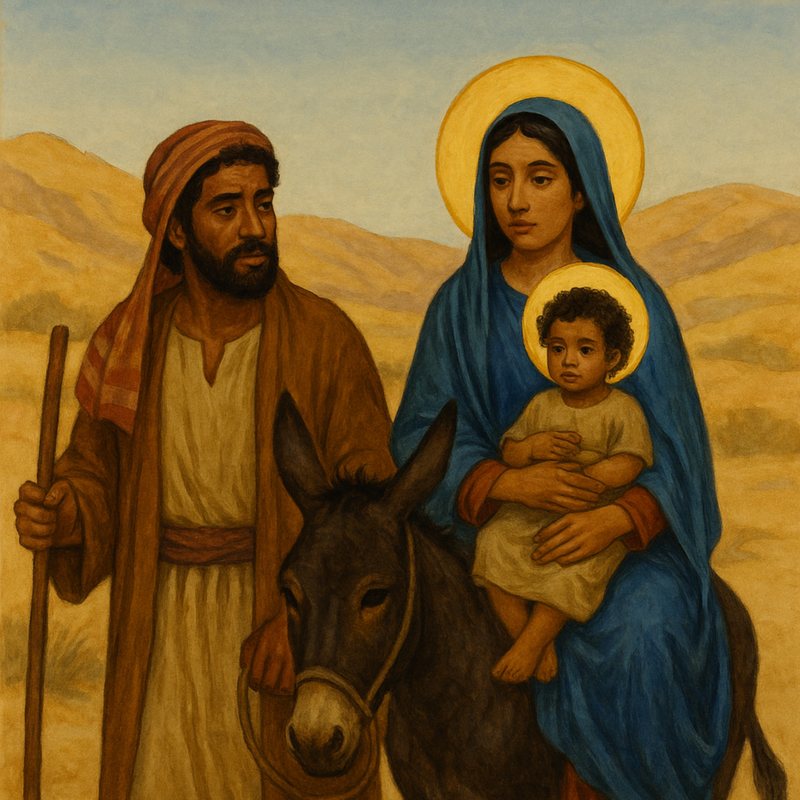 Painting of Joseph walking beside Mary and the infant Jesus riding a donkey through the desert.