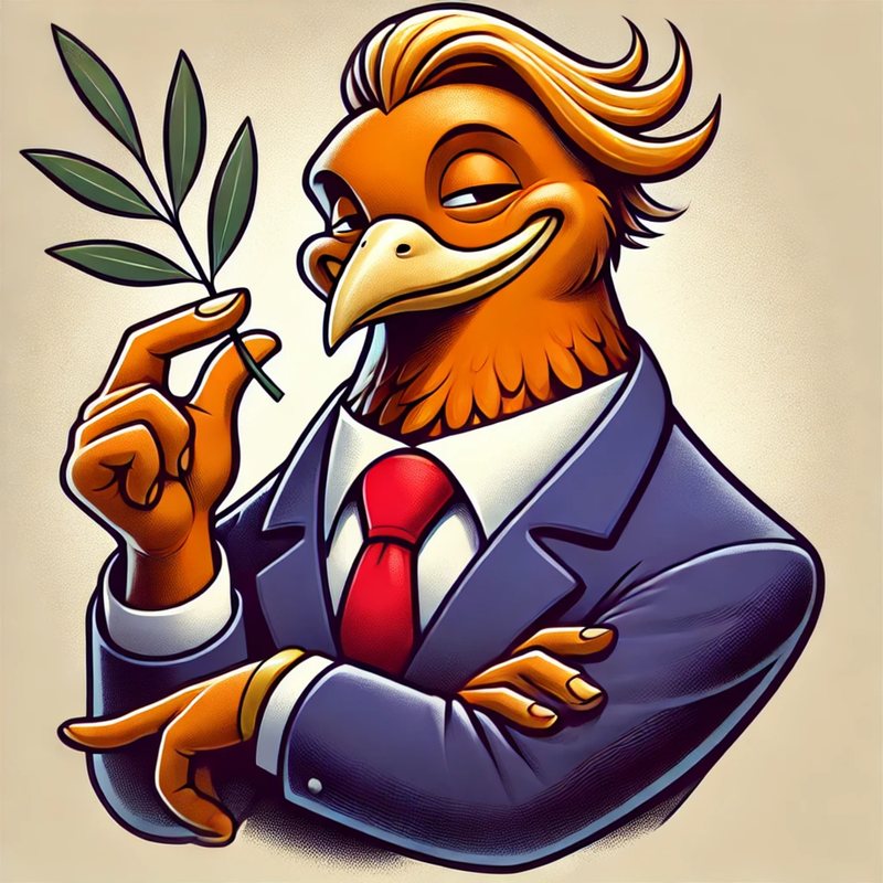 Cartoon of an orange bird in a suit and red tie with a blond swoop of hair, holding an olive branch.