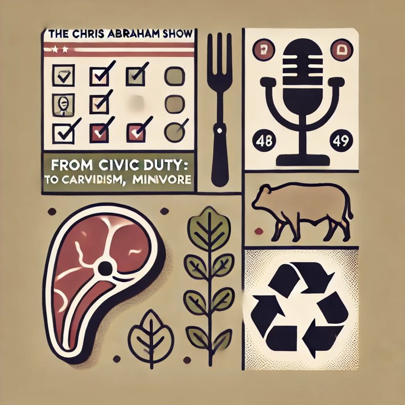 Grid of icons for "From Civic Duty to Carnivore": a ballot, a fork, a microphone, a steak, a bull and a recycling sign.