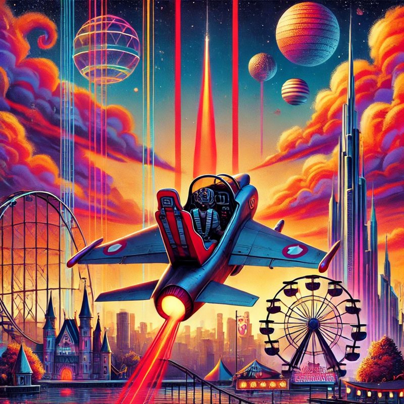Retro sci-fi art of a jet streaking past an amusement park, skyscrapers and planets.