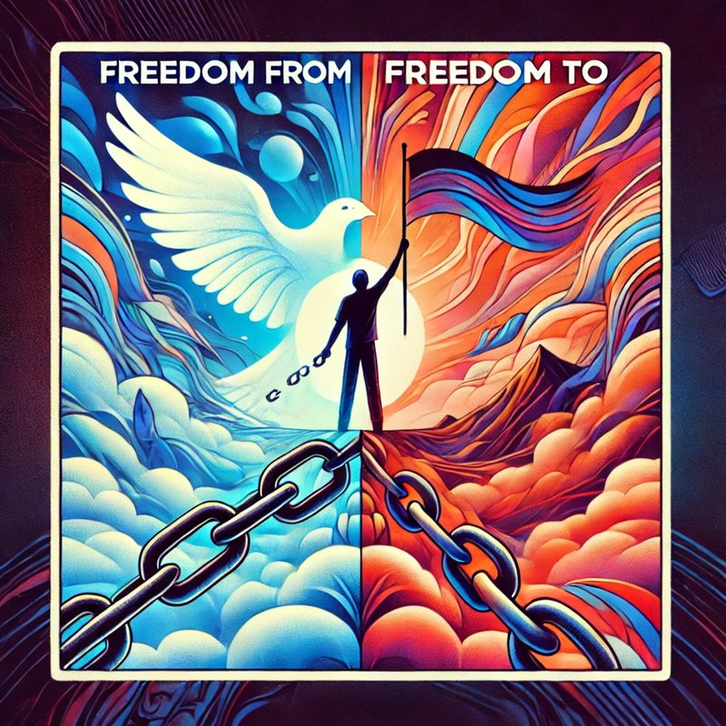 Illustration, "Freedom From, Freedom To": a figure breaking chains and raising a flag beside a white dove.