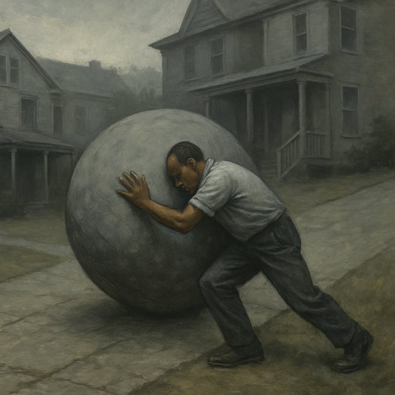 Painting of a man straining to push a huge stone ball up a quiet street.
