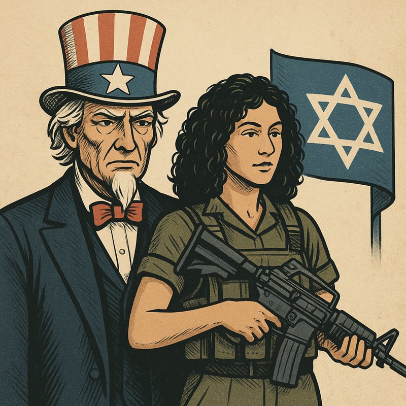 Drawing of Uncle Sam beside a young woman soldier holding a rifle, before an Israeli flag.