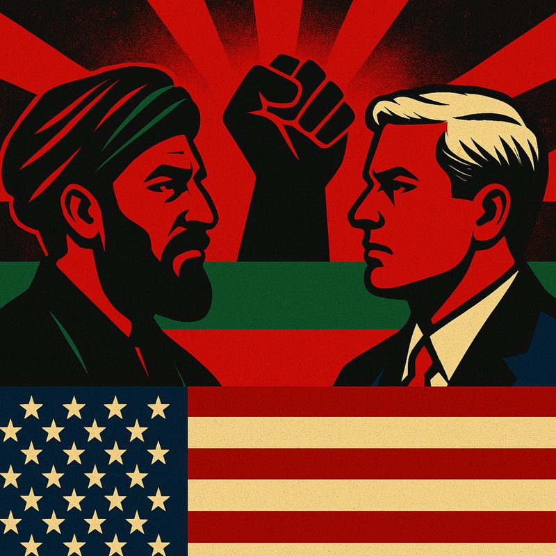 Propaganda-style poster of a bearded man in a turban facing a white-haired man in a suit, over an American flag.