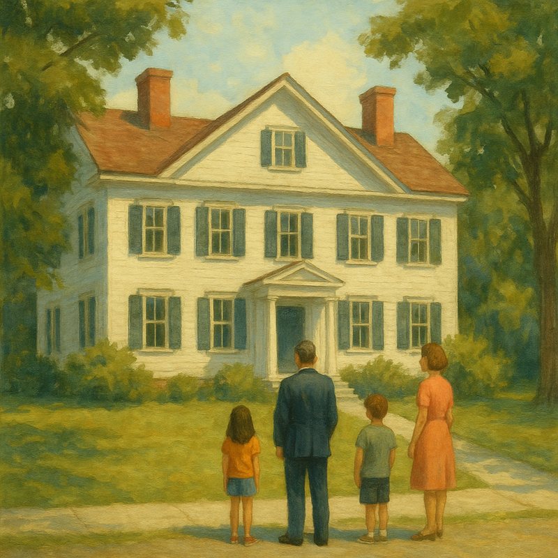 Painting of a family standing before a white colonial house shaded by trees.