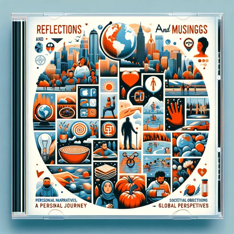 Illustrated CD cover titled "Reflections and Musings": city scenes, a globe and everyday life icons.