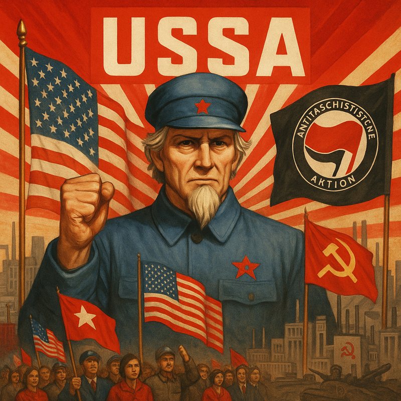 Soviet-style poster headed "USSA": Uncle Sam in a worker's cap raising a fist among Antifa and Soviet flags.