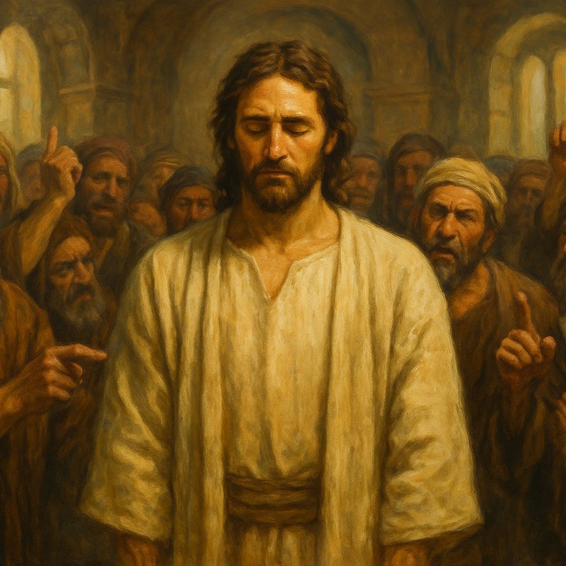Painting of Jesus standing calmly as an angry crowd points and jeers.