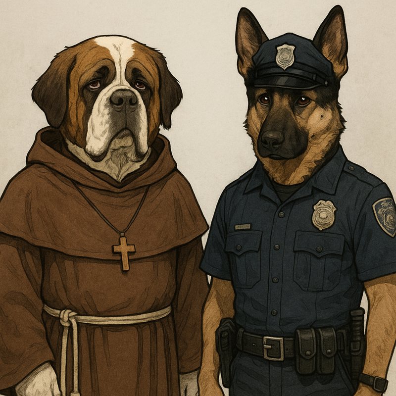 Drawing of a St. Bernard dressed as a friar beside a German shepherd in a police uniform.