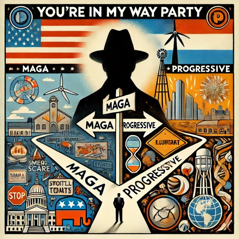 Poster, "You're in My Way Party": a man in a fedora at a crossroads of signs reading MAGA and Progressive.