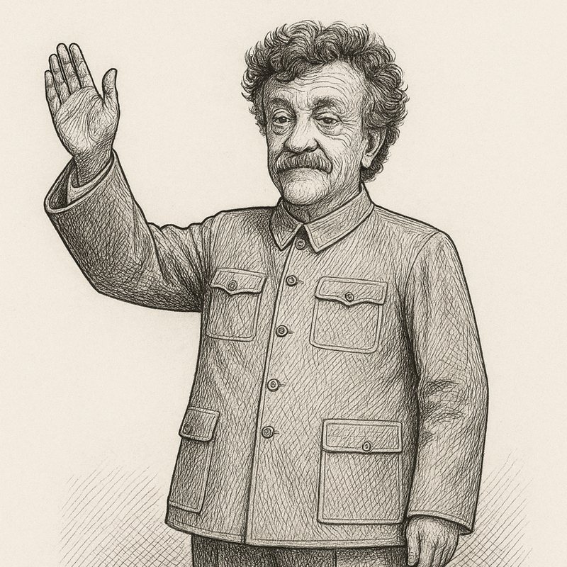 Pencil drawing of a curly-haired, mustached man in a Mao-style jacket, waving.