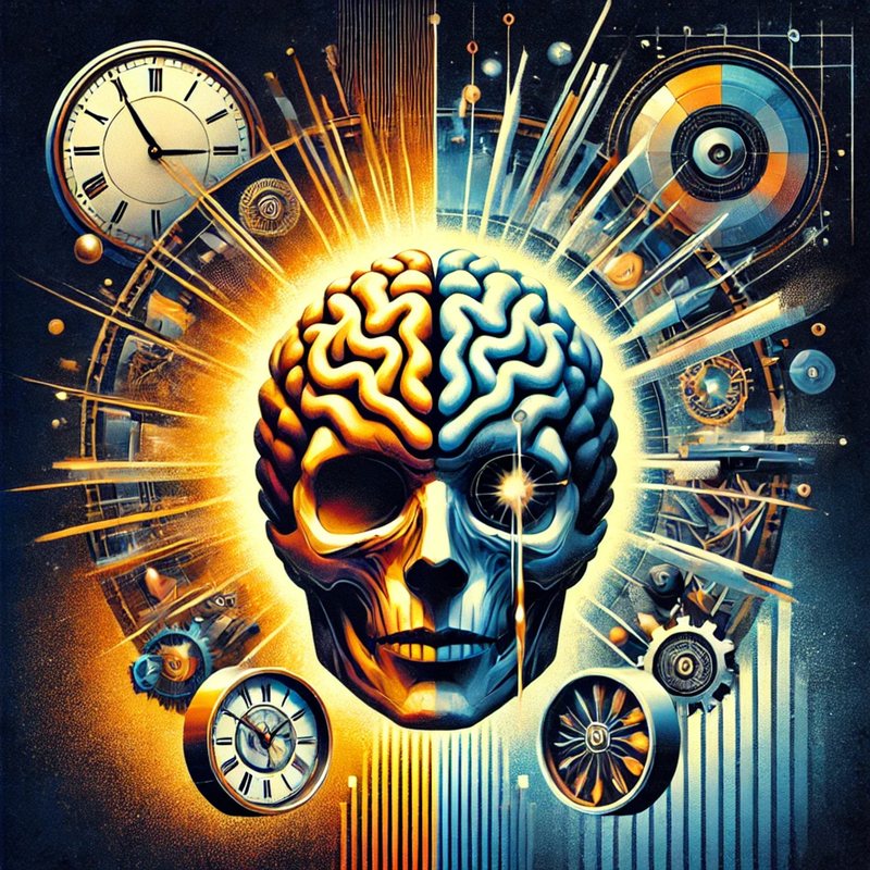 Illustration of a face half brain, half skull, surrounded by clocks and gears.