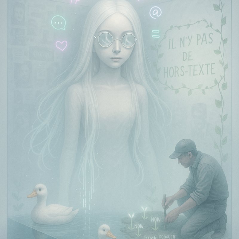 Pale dreamlike art of a long-haired girl in round glasses, with ducks, a gardener and "Il n'y a pas de hors-texte."