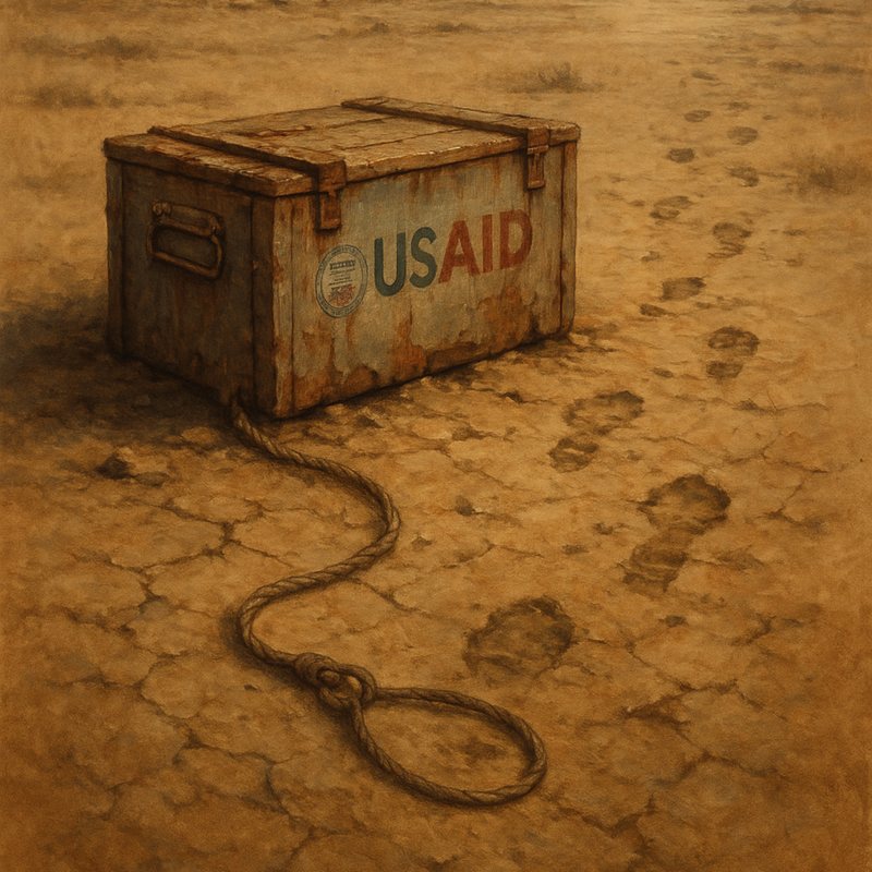 Painting of a weathered USAID crate in cracked desert, with a noose of rope and footprints.