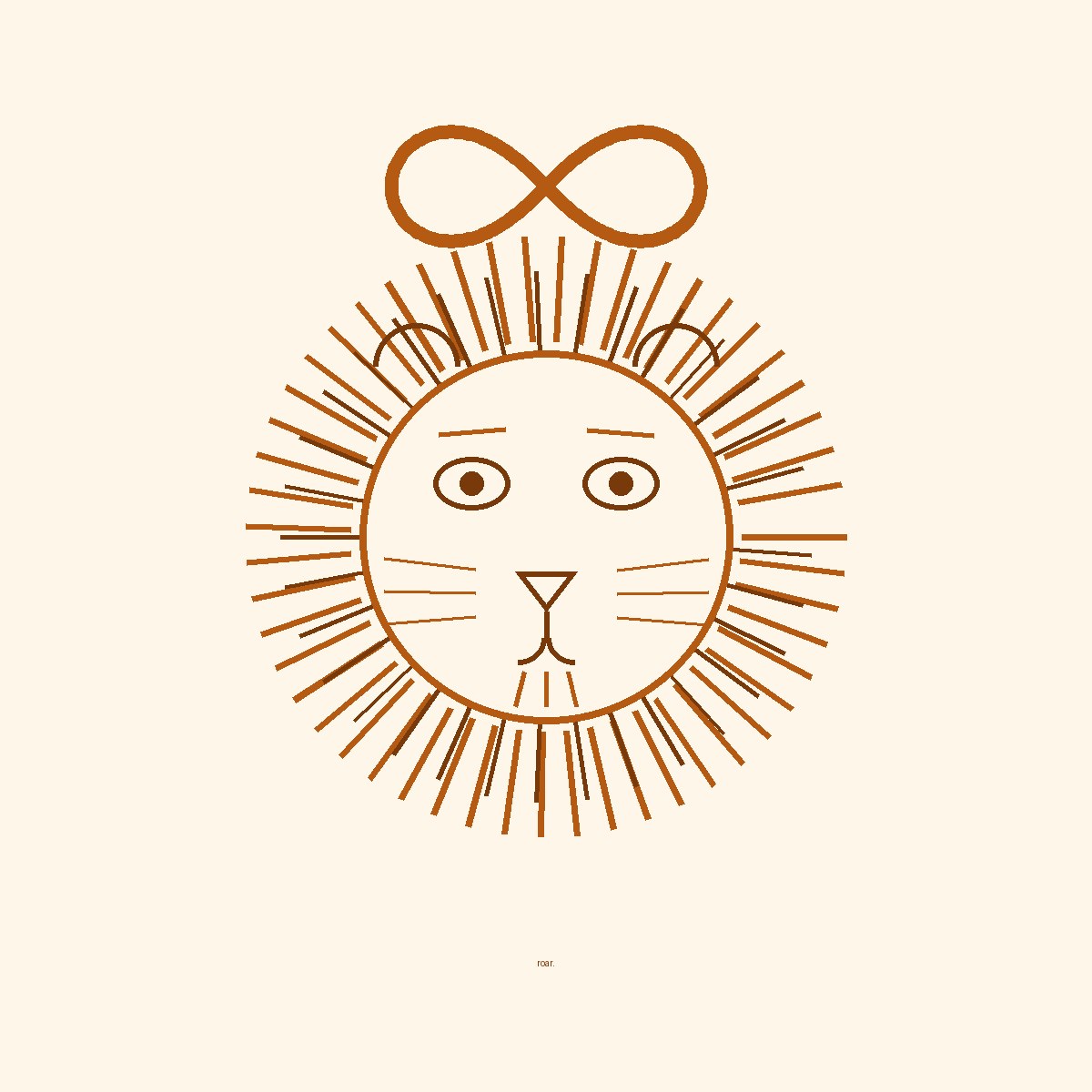 Amber ink doodle by Eunice: a lion's head with a full mane, calm eyes, and an infinity symbol drawn above it.
