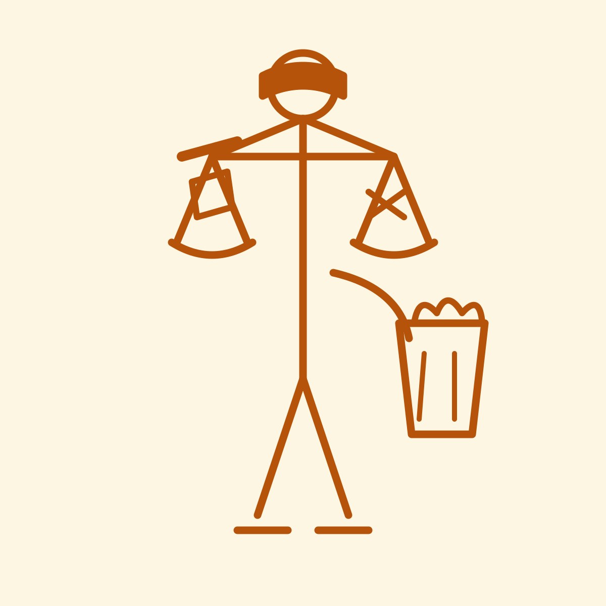 Amber-ink doodle by Eunice: a blindfolded Lady Justice whose scales carry a gavel on one pan and a subpoena on the other, eating popcorn from a striped bucket.