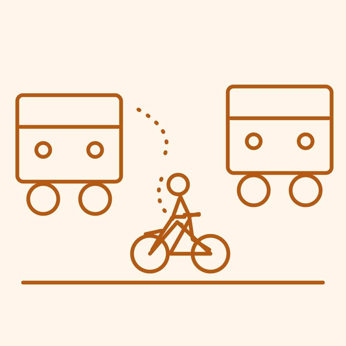Amber-ink doodle by Eunice: a small courier on a bicycle weaving between two enormous cars, low and quick and uninvited.
