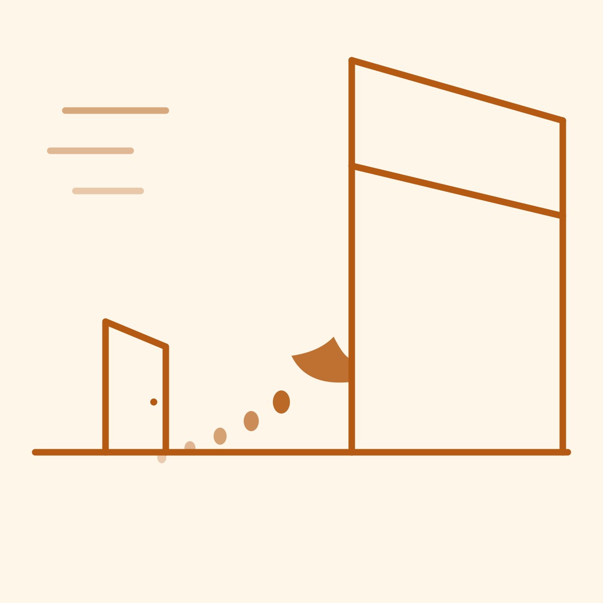 Amber-ink doodle by Eunice: an empty street corner at dusk, a fox's tail just disappearing around the edge of a building, paw prints fading down the sidewalk. The coward is never in the picture.
