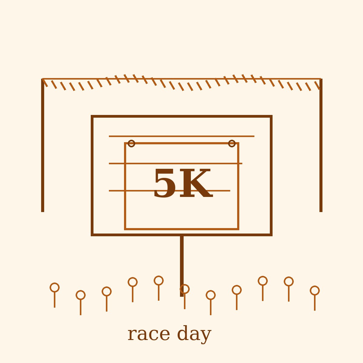 Amber ink doodle by Eunice: a protest placard on a stick with a runner's race bib reading 5K pinned over the slogan, under a finish-line ribbon.