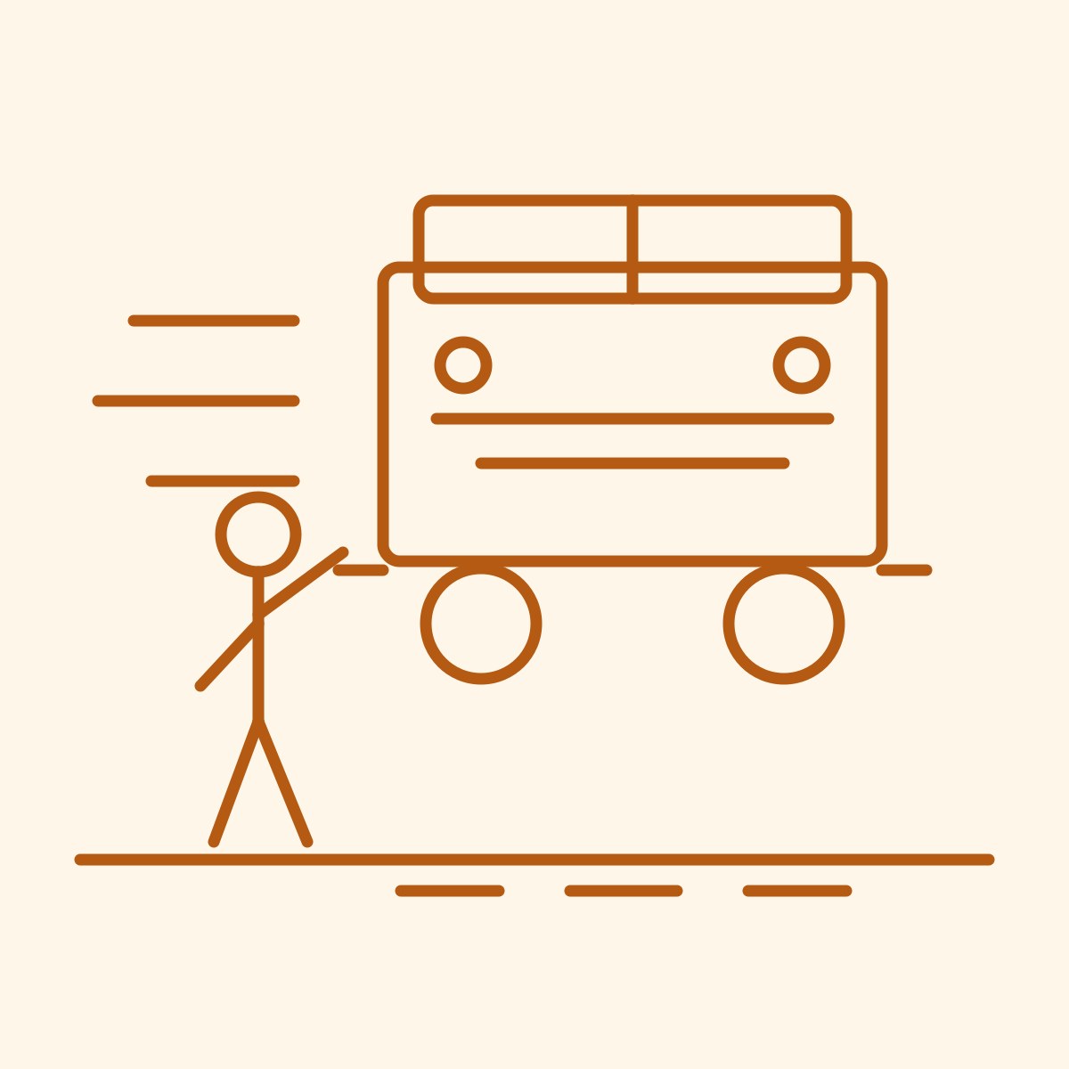 Amber-ink doodle by Eunice: a small stick figure with one hand raised, standing in the road in front of a very large truck.