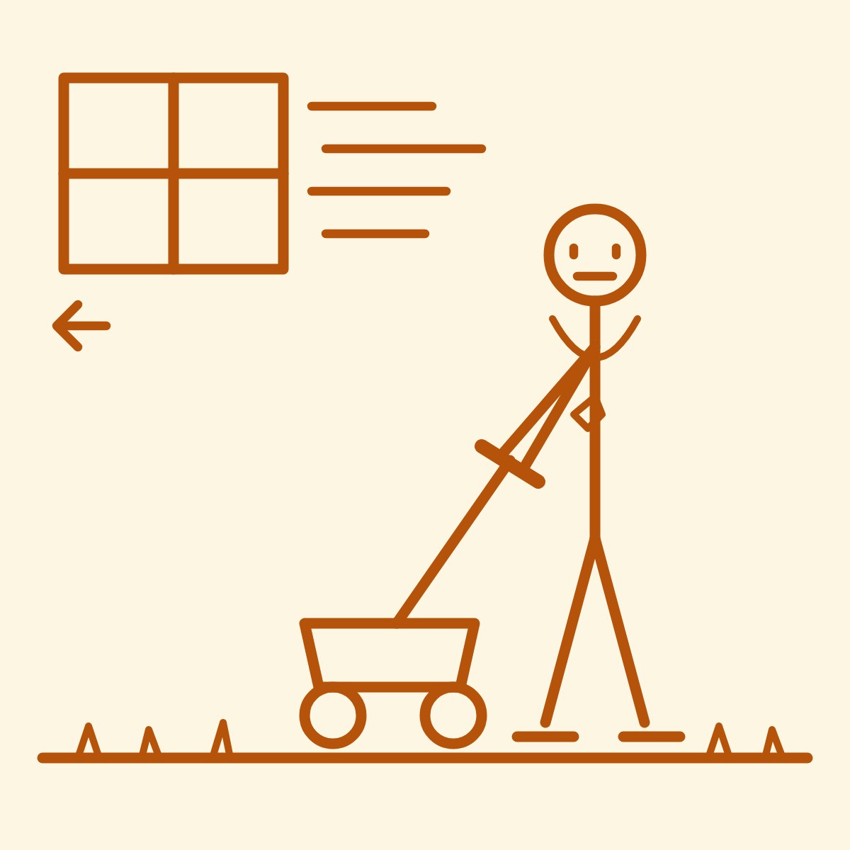 Amber-ink doodle: a stick-figure man with a house key on a string around his neck stands still behind a push lawn mower on a strip of grass, while a four-pane window slides away to the left with speed lines behind it.