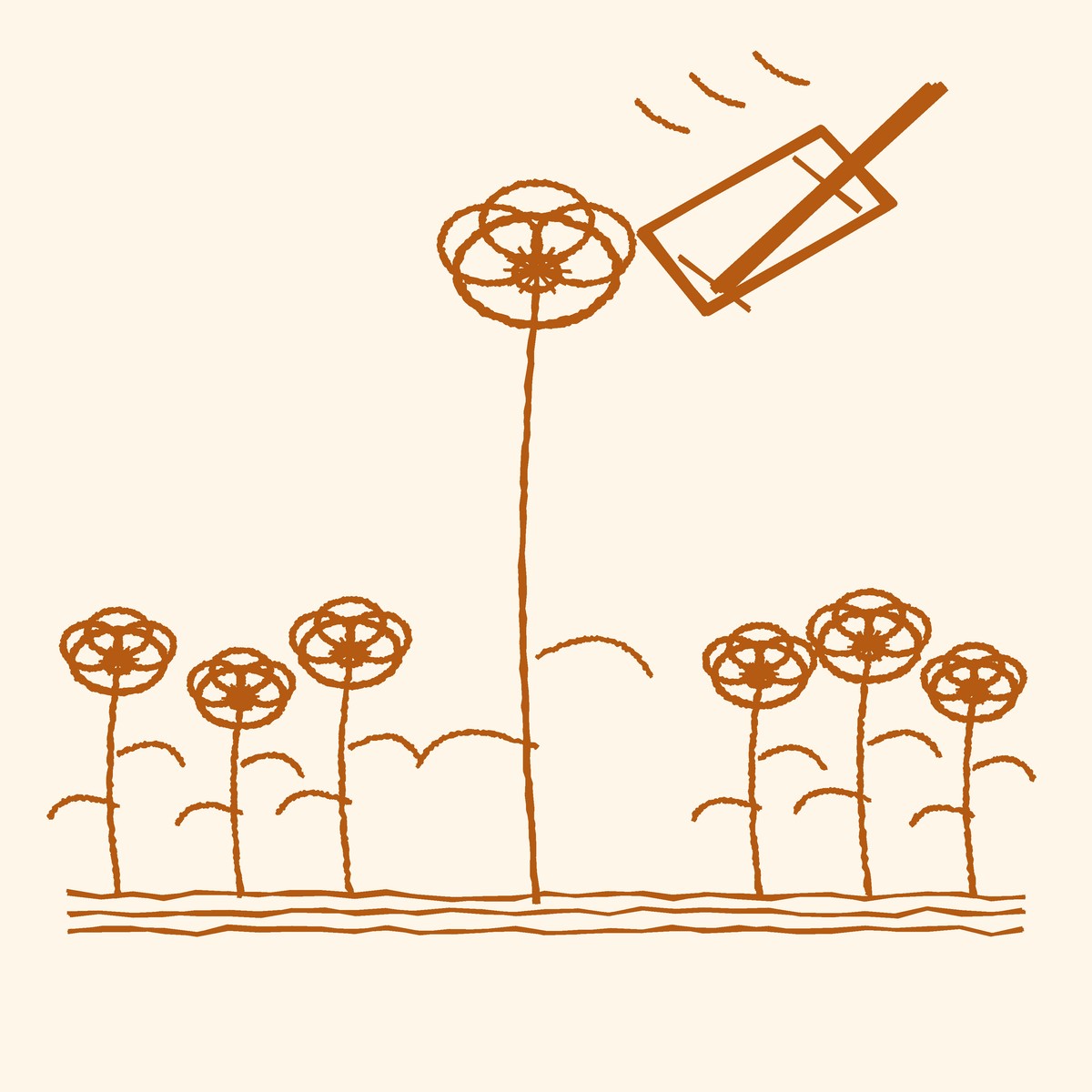 Amber-ink doodle by Eunice: one tall poppy rising above a row of shorter poppies while a hammer descends toward its head.