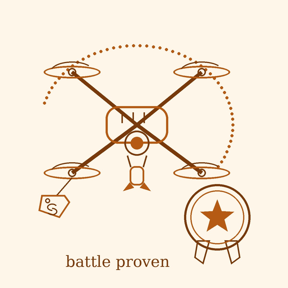 Amber ink doodle by Eunice: an FPV drone with a price tag hanging from one arm and a star seal stamped beside it.