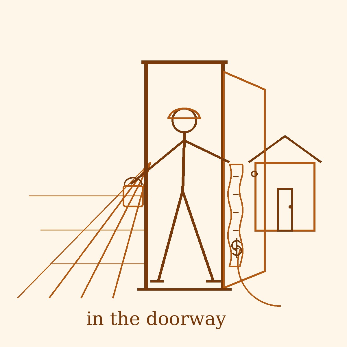 Amber ink doodle by Eunice: a man standing in a doorway between a plowed field and a suburban house, a lunch pail in one hand and a long remittance receipt in the other.